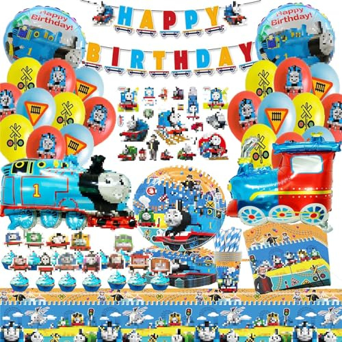 SunwE - Kit de cumpleaños de tren Thomas – Globos, vajilla, plato, taza, servilleta, mantel para fiesta de niños