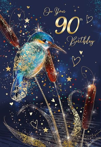 Cherry Orchard Geburtstagskarte zum 90. Geburtstag mit künstlerischem Eisvogel-Design mit Goldfolien-Details und goldfarbenem Umschlag aus der Grayson-Reihe