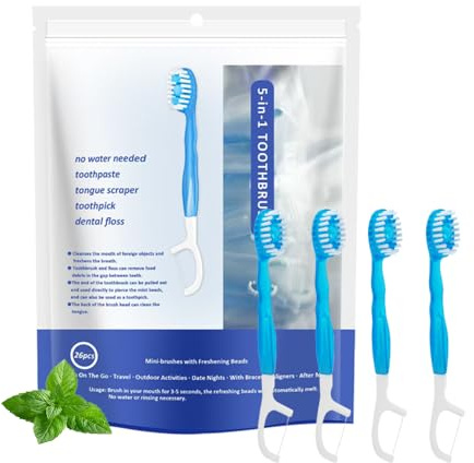 Malisseladi 5 in 1 Mini Brushes-Disposable Toothbrushes with Toothpaste + Floss + Pick + Tongue Scraper | Travel Size | Individually Wrapped | Soft | Mint | Travel Set (Mint, 26 pcs)