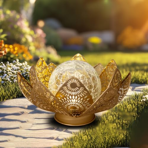 Elfengarden Solar Lights Outdoor Waterproof Lotus Flower Metal Yard Art Decoration Crackle Globe Glass Solar Lamp Garden Decor for Outside, Flowerbed Lawn Patio Porch Pathway Pond Decorations