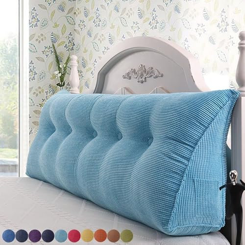 Bettkissen Rückenlehne 180cm Hellblau, Rückenkissen Bett Rückenpolster für die Wand, Groß Keil Kopfteil Kissen, Cord Rückenstützkissen Lendenkissen mit Seitentasche, Waschbar Dreieckige Keilkissen