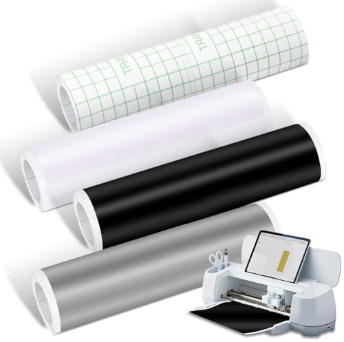 Smart Vinyl Permanent 33cmX100cm, 4 Rollen Smart Adhesive Vinyl Permanent für Cricut Explore 3/Maker 3, Selbstklebende Vinylrolle,Geeignet zum Dekorieren von Tassen(Schwarz+Weiß+Silber+Transferfolie)