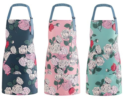 TANGHSE 3 Pack Aprons for Women, Waterproof Apron for Cooking Chef Apron for Men Cleaning Kitchen Aprons Clothes Drying Apron Tabards for Women with Pockets for Baking (flowers)
