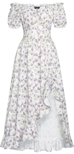 SCARLET DARKNESS Damen Cottagecore Blumenkleid Square Neck Rüschen Saum Mittelalter Corsagenkleid Lila Druck auf Weiß S