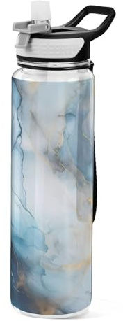 Blue Gold White Marble Textures Water Bottle 1L with Straw, Leakproof BPA Free Tritan Drink Bottle, Sport Water Bottle for Men Women Kids