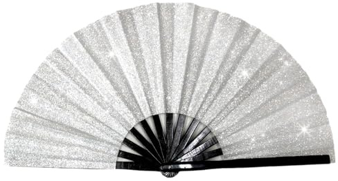 baotongle Große Glitzer Faltbare Seide Hand Fächer Chinesischer Tai Chi Faltender Handfächer Nylon Tuch Chinesischer Kung Fu Fan mit Halter Ärmel für Performance Tanz Dekorationen (1, Silber)