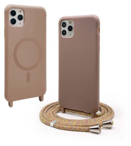 BGHHEU Handykette Hülle kompatibel mit iPhone 11 Pro Max mit Band,Handyhülle Kompatibel mit MagSafe,Abnehmbar Kordel zum Umhängen Silikon Case Magnetische Handyhülle,Braun