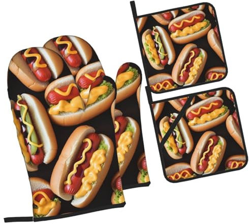 Mitaines De Four Hot-Dogs Amusants Anti Chaleur Gauntlet Professionnel Maniques Cuisine pour Femmes Four Cuisson,4 Pièces