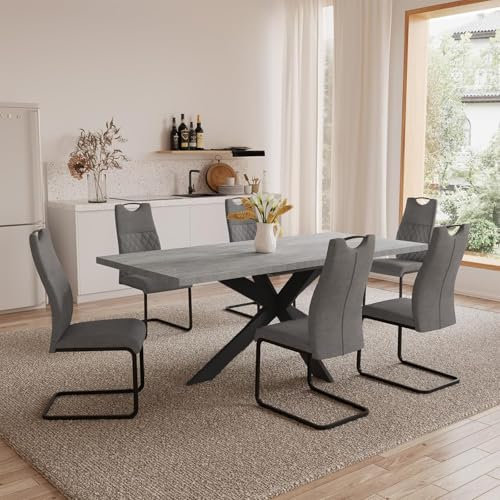 JIEXI Essgruppen Für 4-6 Personen, Esstisch Ausziehbar, Moderner Grauer MDF-Holztisch, Geeignet Für Wohnzimmer, Küche, Versammlungen Mit Vielen Personen(130-170cm Tisch + 6 graue Stühle)