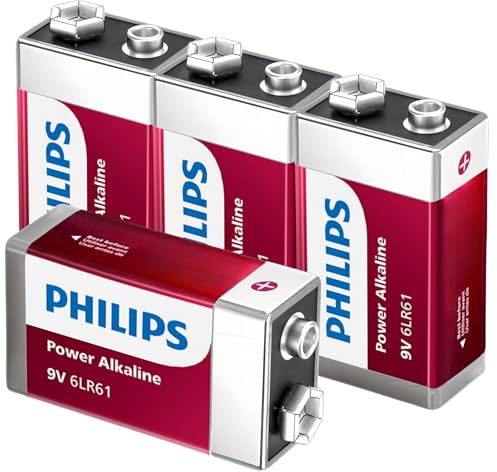 PHILIPS Lot de 4 piles 9 V alcalines 9 V pour détecteur de fumée, alimentation longue durée jusqu'à 10 ans de stockage, batterie 9 V étanche.