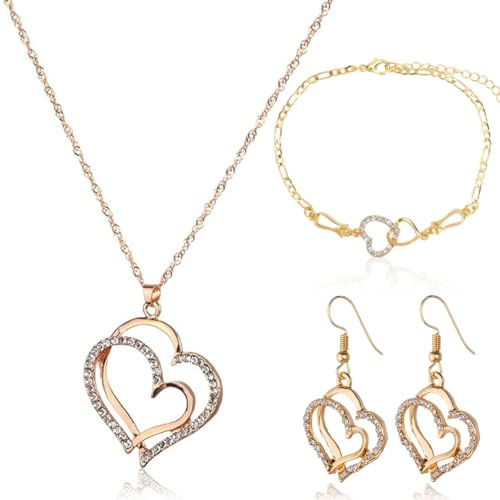 YCZARD Gold Jewellery Set for Women and Girls, Fashion Heart Pendant Necklace Earrings Bracelet Set with Cubic Zirconia Jewellery - Bridal Wedding Bridesmaid Ladies Jewellery Gift Set