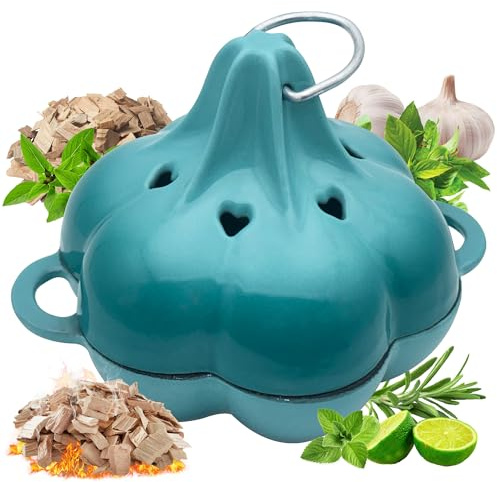 BOLVOUD Enameled Cast Iron Smoker Roaster & Garlic Roaster Baker, Multi-Functional Box for Gas/Pellet/Charcoal Grills, Oven & Wood Stove, Enameled Dutch Oven Style Cookware, Enamelled Cooking Pot