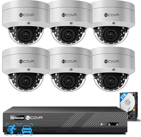4COVR 4K PoE CCTV Camera Systems, 8CH 4K NVR 2TB HDD, ELY54AX8M0806 | 6×8MP Security Wired Dome PoE IP Camera IK10 Vandal-Proof IP67, AI Human Vehicle Detection, Home 24/7 Recording Outdoor