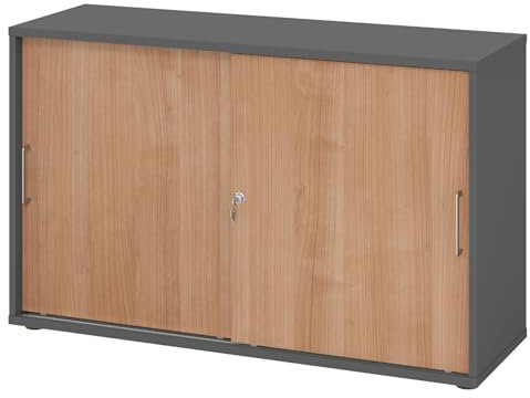 bümö Schiebetürenschrank 2OH - Aktenschrank abschließbar, Sideboard Schrank mit Schiebetüren in Graphit/Nussbaum, Bügelgriff - Büroschrank aus Holz mit Schiebetür, Büro Kommode für Ordner & Co.