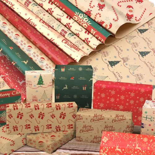 Geschenkpapier Weihnachten Kraftpapier Recycling Geschenkverpackung Weihnachtliches Geschenkpapier Set – 10 Blätter 70x50cm