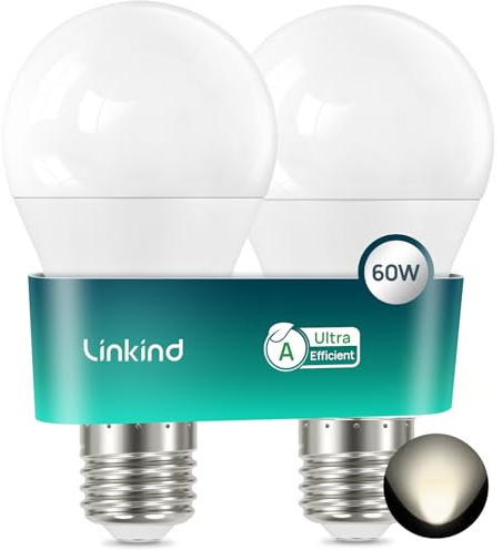 Linkind Lampadina a LED E27, 3,8 W = 60 W, con etichetta A, 4000 K, luce bianca neutra, 806 lm, A60 da 220°, lampadina E27 ultra efficiente, 50.000 ore, opaca, 2 pezzi