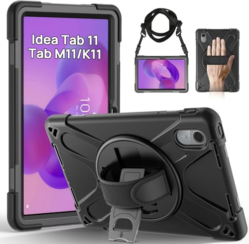 Gerutek Funda Anticaída para Lenovo Idea Tab 11 Pulgadas 2025/Tab K11 Gen 2/Tab M11/Xiaoxin Pad 11, (TB-336ZU/TB-336FU), Carcasa Rugosa con Soporte Giratorio, Correa de Mano/Hombro, Portalápiz, Negro