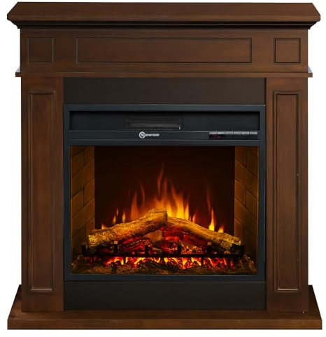 Camino elettrico caminetto da terra JEFFERSON in legno Noce L 89,5 x H90,5 x P28