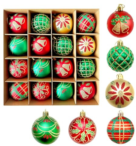 LYKTRIX 16 Stück Weihnachtskugeln 6cm, Rote & Grüne Christbaumkugeln, Glänzende Weihnachtsbaumschmuck für Weihnachtsdekoration, Familienfeiern & Feiertagsfeiern (Rot Grün)