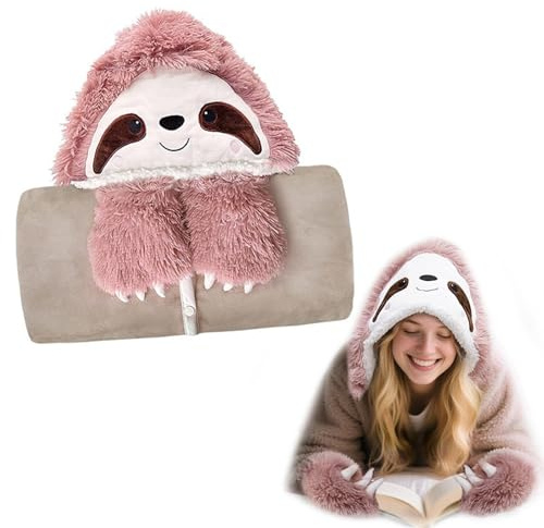 Kuscheldecke mit Ärmeln – Rosa Faultier Decke mit Kapuze, Tragbare Flauschdecke für Damen, Cartoon Sofadecke aus Flanell, Weiche Wohndecke 152x125cm