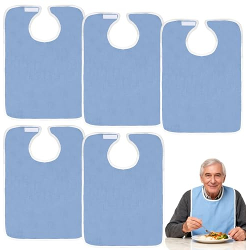 Behogan Lätzchen für Erwachsene: 5er-Pack Frottee Wasserdichte Lätzchen Polyester Anti-Schmutz Kleiderschutz Unisex mit Druckknöpfen, Mehrweg Waschbar Senioren, für Mahlzeiten Pflege (Himmelblau)