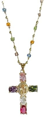 Generico Collana con ciondolo a forma di croce arcobaleno, collana con ciondolo a forma di croce arcobaleno, gioielli da donna con accessori per costume cristiano, battesimo e fede