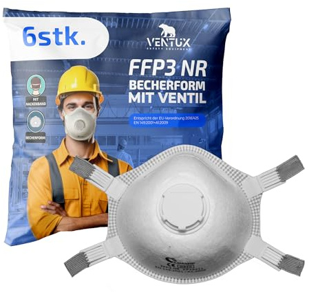 VENTUX SAFETY EQUIPMENT FFP3 Maske mit Ventil - FFP3 Atemschutzmaske Schalenform mit Ausatemventil EN 149 CE zertifiziert - FFP3 Schutzmaske mit Kopfbändern für hohen Schutz