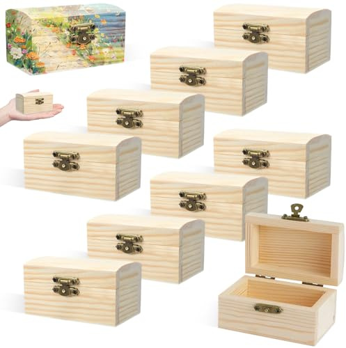 Xinxinphi 10 Stück Holzkiste Kleine mit Deckel, Hölzernes Schatztruhe Box, Rechteckige Holzschatzkiste, DIY Bastelset Basteln, Mini Holz Schatzkiste, Schmuckkästchen zur Aufbewahren & Dekorieren