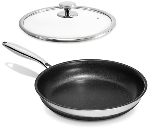 KOKHUB Stainless Steel Frying Pan 28 cm, Nonstick Frying Pan with Lid, Titanium Ceramic Tri-Ply Stainless Steel Pan, Induction Hob Compatible, Non-Toxic, PFAS/PFOA Free, Oven Safe