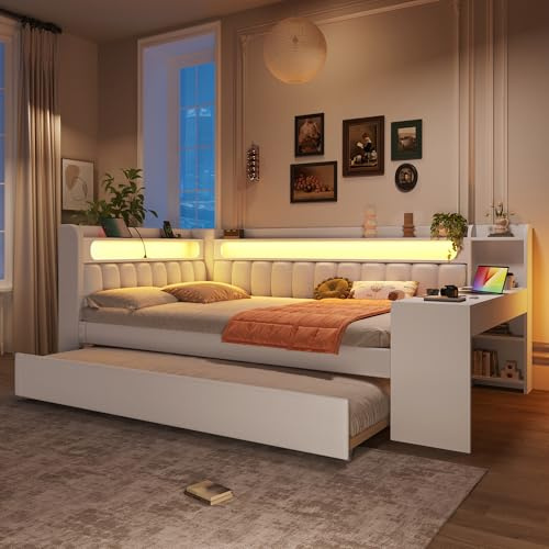 BTM Jugendbett 140x200 mit Schreibtisch Gepolstertes Tagesbett mit USB-Anschlüssen und LED-Gürtel, Kinder Ausziehbett Daybed, Weiß