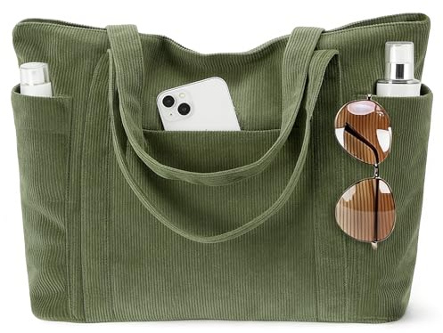 Mngevcy Cord Tasche Damen, Groß Tote Bag Strandtasche mit Reißverschluss, Shopper Tasche Damen, Handtasche Umhängetasche für Arbeit Schule und Gym Reisetasche Familie, Grün