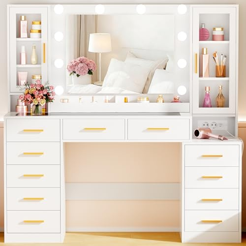 ANWBROAD 135cm Moderne Grande Coiffeuse avec Miroir LED,Plateau en Verre