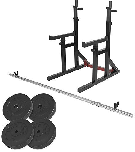 GORILLA SPORTS® Squat Rack - mit Langhantel Set, 30mm / 50mm, Langhantelstange und 30kg Hantelscheiben, Verstellbar, mit Dip-Griffen - Langhantelablage, Hantelständer, Kniebeugenständer