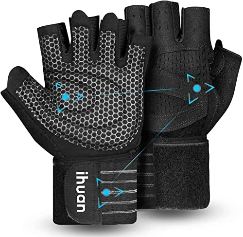 ihuan Guanti da allenamento da palestra per sollevamento pesi con supporto per polso per uomo e donna, protezione completa del palmo, per sollevamento pesi, allenamento, fitness, appendere, trazioni