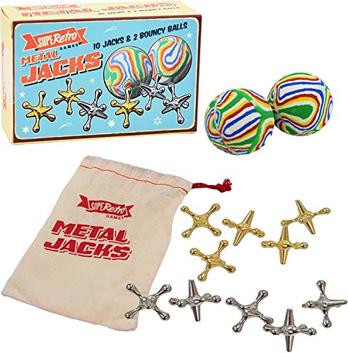 Traditionelles Retro-Familienspiel aus Metall mit 2 Gummibällen und 10 schweren Metall-Katzen zum Spielen von Knucklebones, fünf Steinen und Katzenspiel; Anleitung und Tragetasche enthalten
