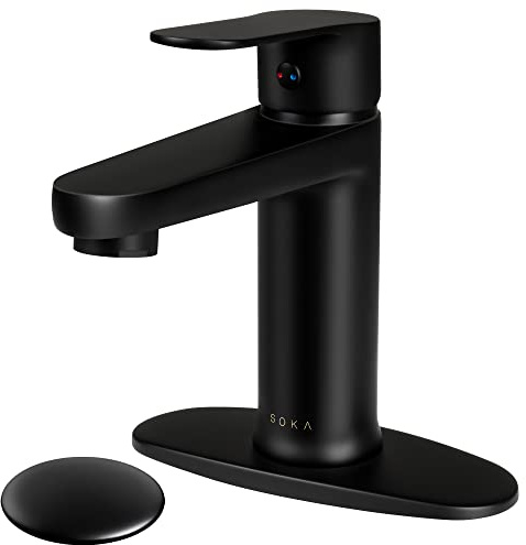 SOKA Brass Bathroom Faucet Matte Black with Pop-up Sink Drain Stopper & Deck Plate - 1 or 3 Hole Single Handle RV Faucet