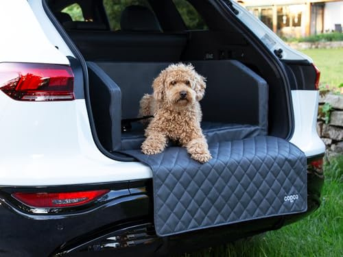 CopcoPet Hundebox Auto Kofferraumschutz Hund mit ladekantenschutz Kofferraum【Mit Tasche】 Kofferraum schutzmatte herausnehmbar - Hunde Autositz mit Anschnallsystem, hundetransportbox 80x55x38cm Grau