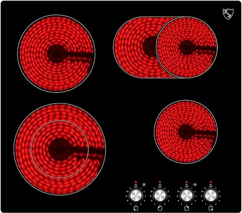 K&H Glaskeramikkochfeld CK-7206K [4 ZONEN] - Herdplatte 4 Kochfelder mit Knebel-Steuerung - Kochfeld 4 Platten Autark - Kochplatten 4er - Starkstrom-Anschluss - 59CM - 7200 Watt - 11 Leistungsstufen
