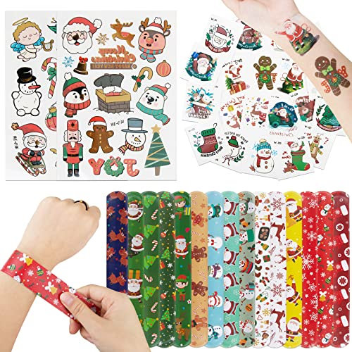 BETESSIN 30 Stücke Weihnachten Klatscharmband Kinder + 22 Stücke Weihnachten Tattoo Aufkleber für Weihnachten Party Kindergeburtstag Mitgebsel Adventskalender Geschenke Belohnungsgeschenke