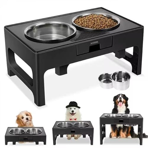 Elevated Dog Bowls, Stainless Steel Raised Bowl with Adjustable Stand, Double Food and Water for Medium Large Dogs or Cat, 3 Heights 3.9”, 7.8”, 11.8” (Black)