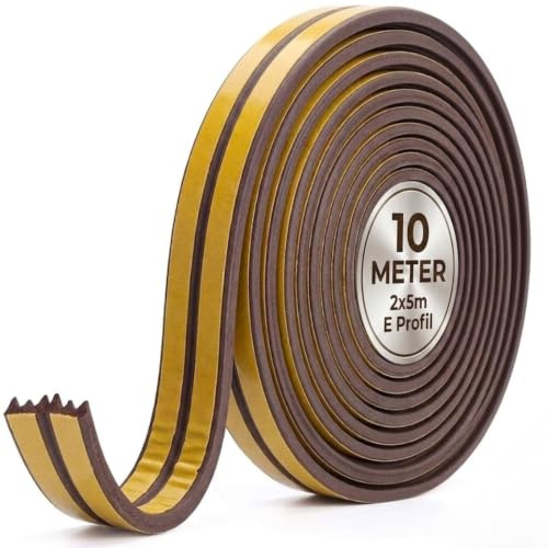 KrokTape Dichtungsband E-Profil 10m Braun Fenster Tür Dichtung | Selbstklebende Gummidichtung für Fenster & Türen. Optimaler Windschutz & Schalldämmung. Leicht anzubringen