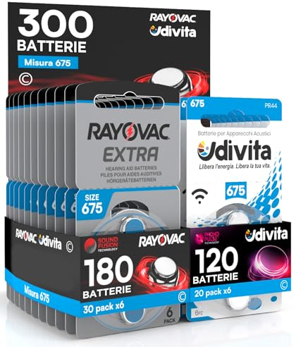 300 Batterie per Apparecchi Acustici Misura 675 PR44 Blu Zinco-Aria Phono Pulse Technology in 50 Blister da 6 Pile - 300 Batterie: 180 Rayovac + 120 Udivita