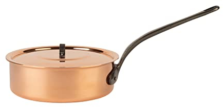 Cuisine Romefort | Sartén de cobre estañado con mango de hierro fundido y tapa de 22 cm de diámetro | sartén tradicional de cobre macizo | sartén de Francia con borde alto (22 cm).