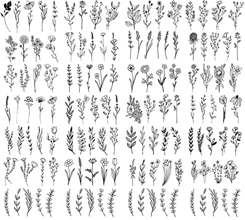 TSHAOUN 25 Blätter Temporäre Tattoos Set, Klein Schwarz Blume kleiner Schwarzer Ast Tattoo Aufkleber Fake Tattoos für Gesicht, Hals, Arme, Füße, Kinder, Erwachsene, 116 Muster Insgesamt (Black)
