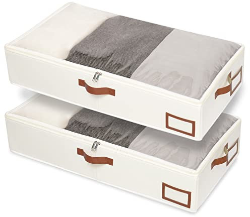 Yawinhe 2 Stück Unterbettkommode, Unterbett-Aufbewahrungstasche, Kleideraufbewahrung, Faltbare Aufbewahrung Kleidung mit Klarem Fenster, für Bettdecken, Kleidung, 80x40x15cm, Beige
