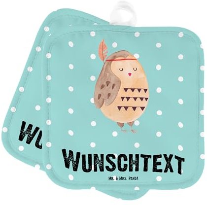 Mr. & Mrs. Panda Personalisierte Topflappen Eule Federschmuck - Geschenke, Personalisiert, Set, mit Namen, Topfuntersetzer, mutig, Personalisierter Ofenhandschuh, Abenteuer, Dekoration, Namensaufdruck