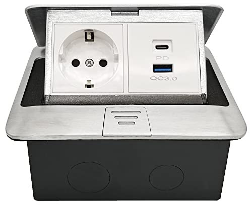 Bodensteckdose Mit 2 Steckdosen Und 2 USB-Anschlüssen (USB-A+USB-C), 20W Schnellladung, Versenkbare Einbausteckdose Für Bodenbelag, Desktop, Küche, Büro - Silber