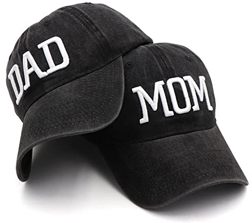 Hiwelove mamma och pappa hattar fars dag mamma pappa gåvor hatt broderad justerbar baseballkeps gåva för par föräldrar, Svart mamma hatt och svart pappahatt, one size