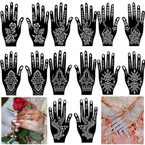 QSTOHENA 14 Stück indische arabische Henna Tattoo Schablonen Kit für Hand Body Art, temporäre Tattoo Schablone Aufkleber Glitzer AirBrush Tattoo für Frauen Mädchen