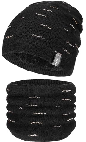 TAGVO Winter Warme Mütze Strickmütze Set Für Herren Damen, Unisex Beanie Hut Loop-Schal mit Dick Fleece Innenfutter für Outdoor Sport Camping Wandern Laufen Ski Schwarz